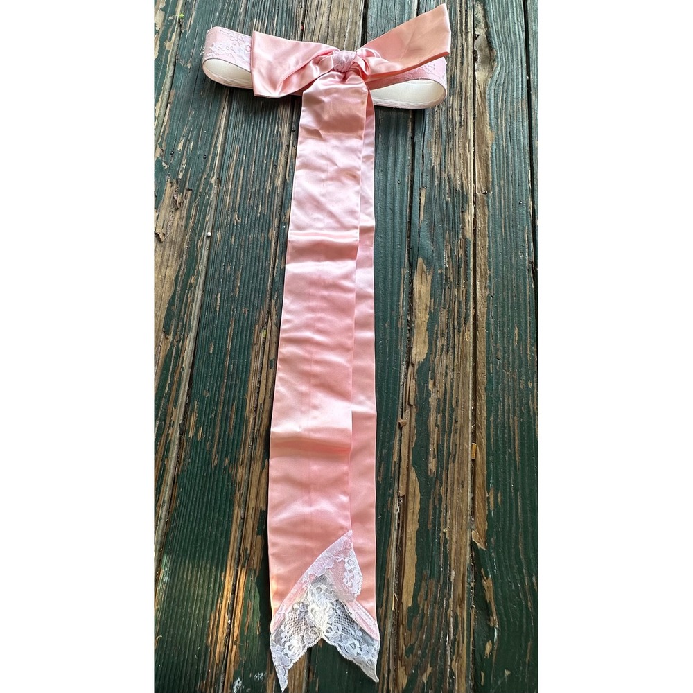 Vintage Pink Satin Lace Bow Sash Belt Floral Bridal Coquette Accessory A3560